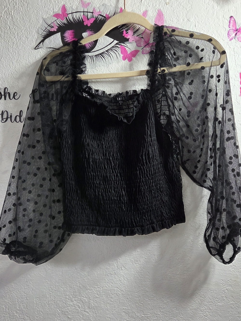 IRIS Black Smocked Off The Shoulder Mesh Swiss Dot Sleeve Crop Top Size S (Fits